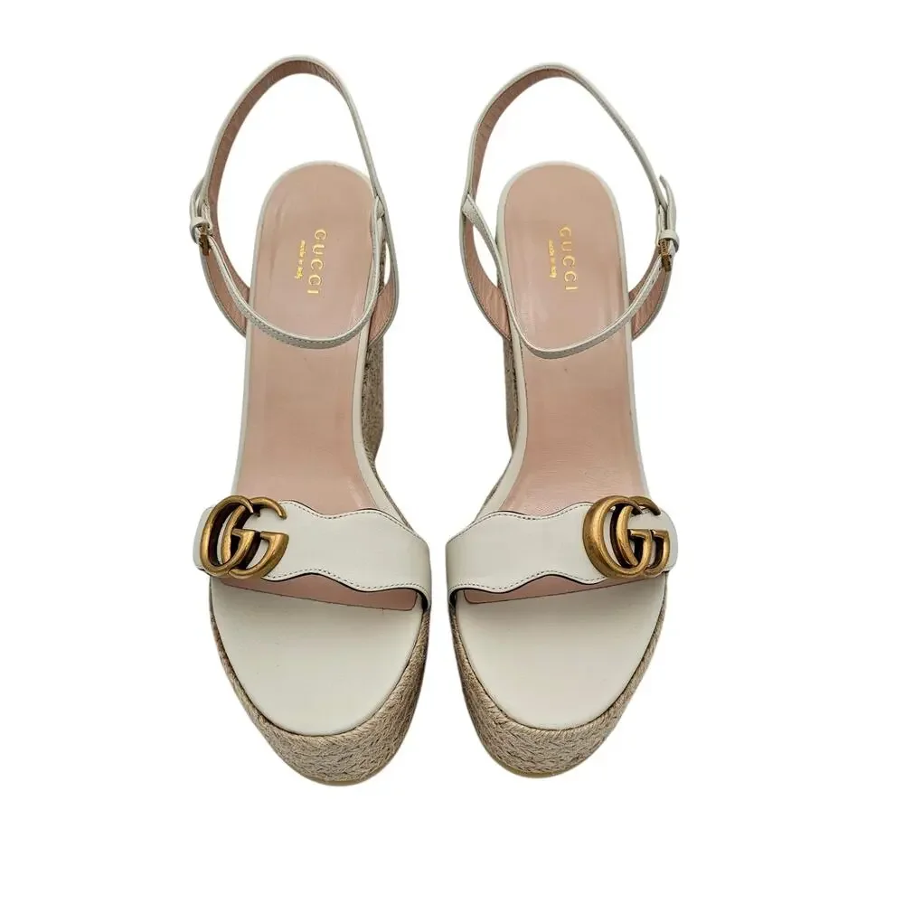Gucci GG Marmont Aitana Platform Wedge Sandal White Leather Gold Size 41 US 11